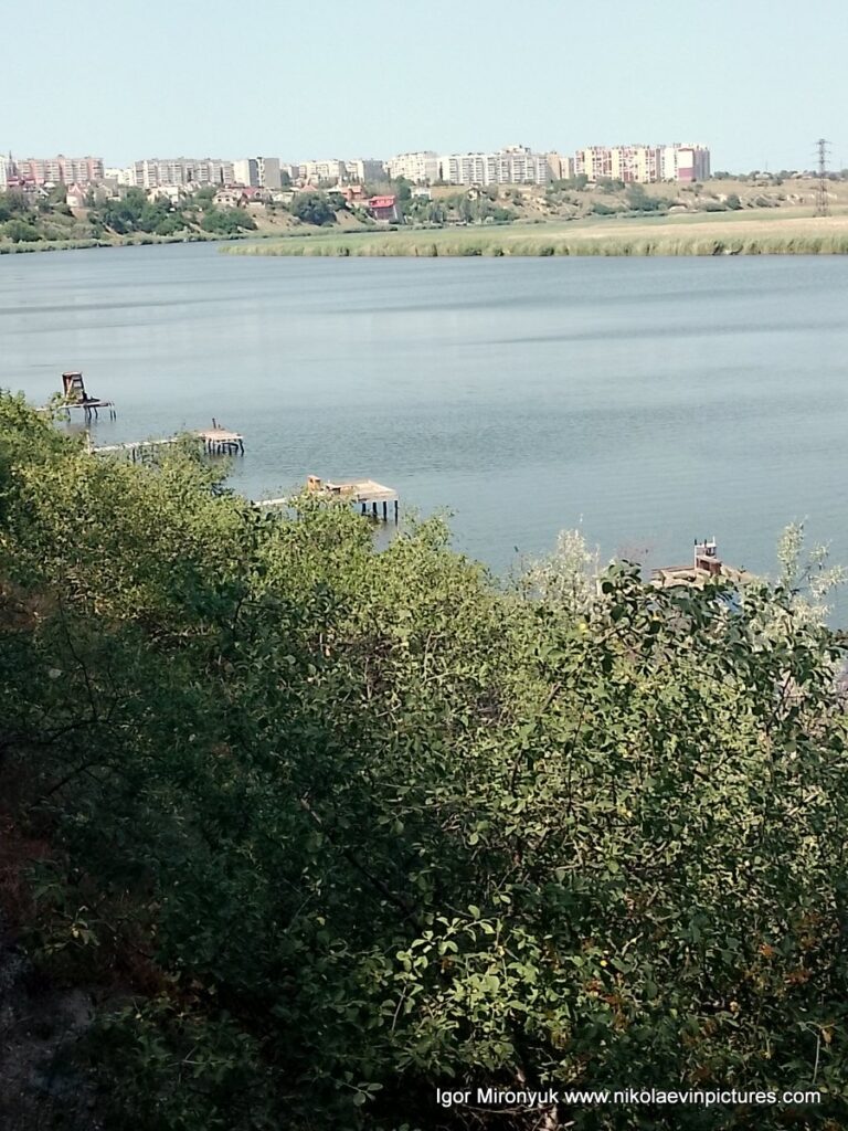 Стоя наверху Улицы Скалистой видно деревья, пирсы, речку Ингул, камыши Ракетного Урочища, Северный и Порожнечу.